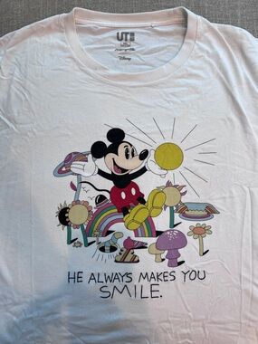 Uniqlo White Mickey Mouse Rainbow Graphic Tee